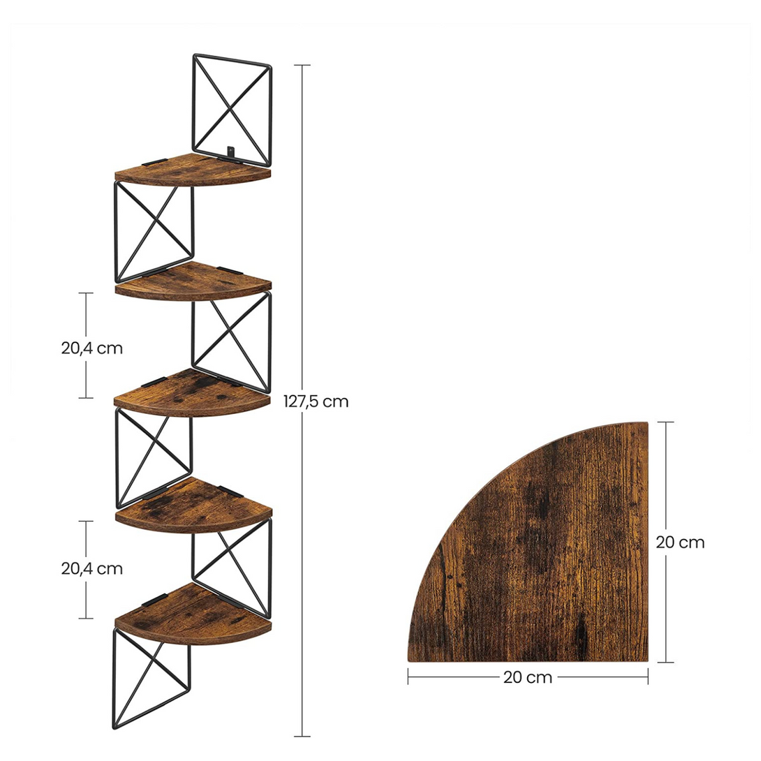 VASAGLE nástenná rohová polica, 5 úrovní, rustikálna hnedá a čierna-Vashome.sk