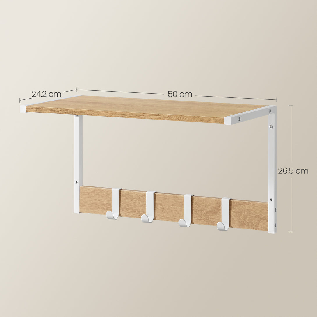 Nástenné plávajúce poličky 2 ks, s háčikmi, 50 x 24,2 x 26,5 cm, dub a biela-Vashome.sk