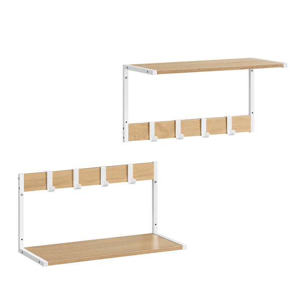 Nástenné plávajúce poličky 2 ks, s háčikmi, 50 x 24,2 x 26,5 cm, dub a biela-Vashome.sk