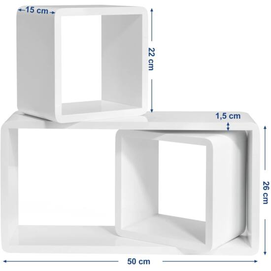Nástenné poličky, 3 sady, nástenné poličky, poličky v tvare kocky, hĺbka 15 cm, dĺžka 50 x 22 x 22 cm-Vashome.sk