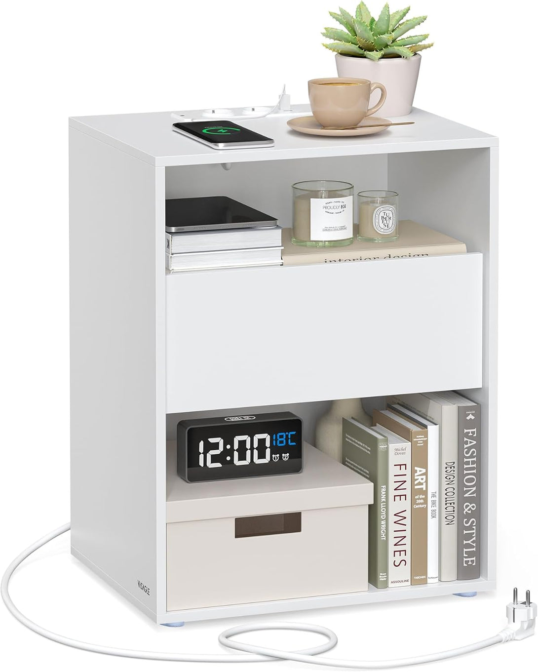 Nočný stolík s funkciou nabíjania, Montáž bez náradia, Príručný stolík s USB, biely-Vashome.sk