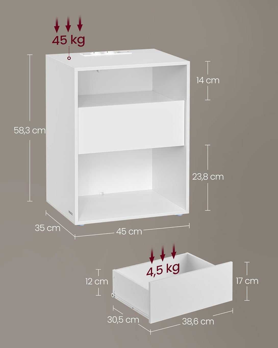 Nočný stolík s funkciou nabíjania, Montáž bez náradia, Príručný stolík s USB, biely-Vashome.sk