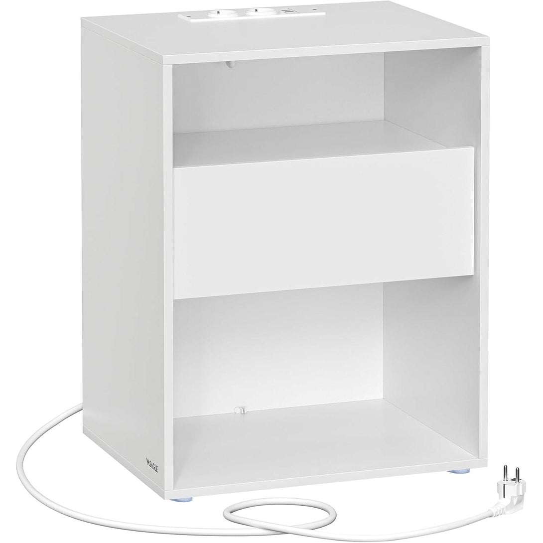 Nočný stolík s funkciou nabíjania, Montáž bez náradia, Príručný stolík s USB, biely-Vashome.sk