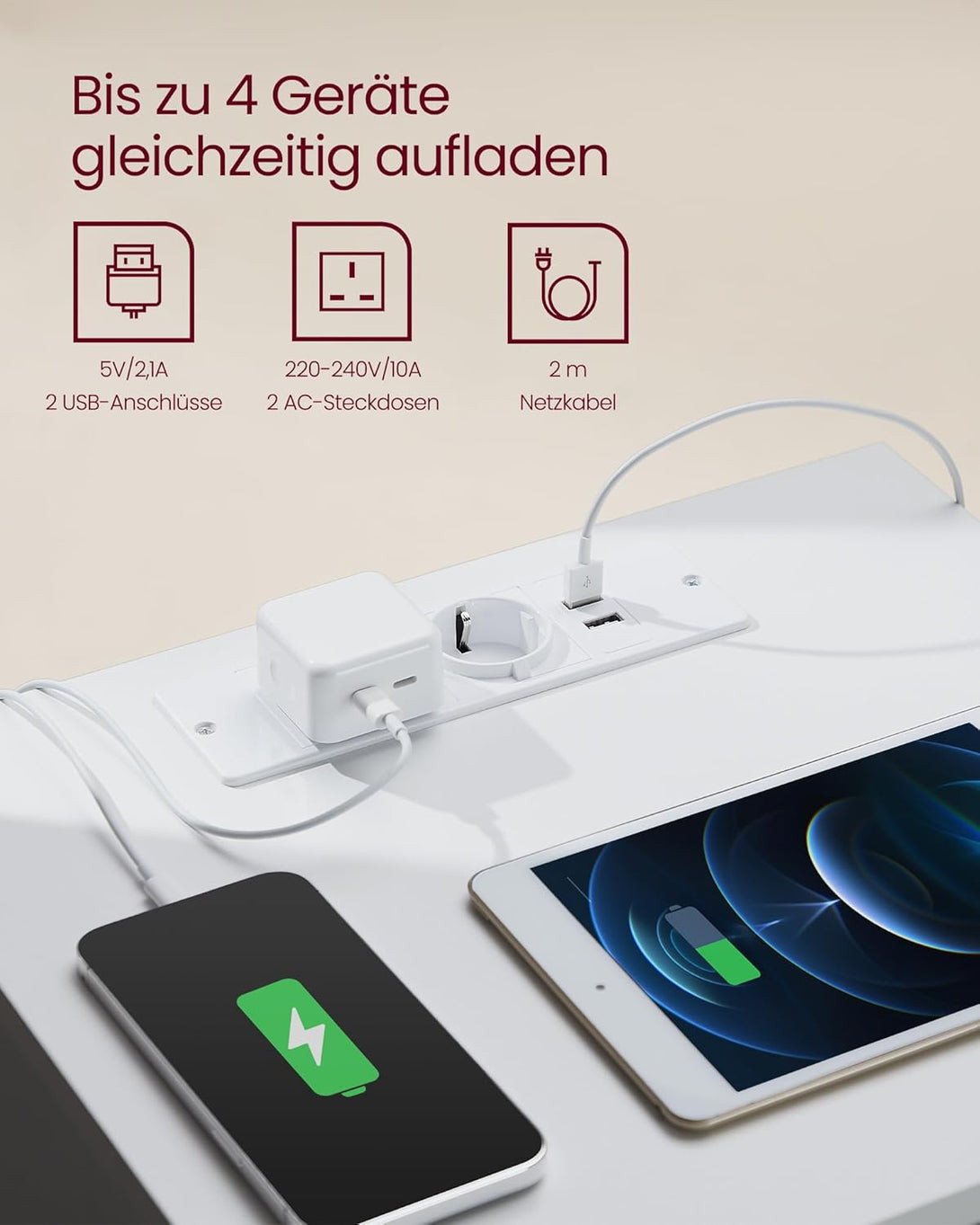 Nočný stolík s napájacou lištou, príručný stolík s 3 zásuvkami, 2 AC výstupmi, 2 USB porty, biely-Vashome.sk