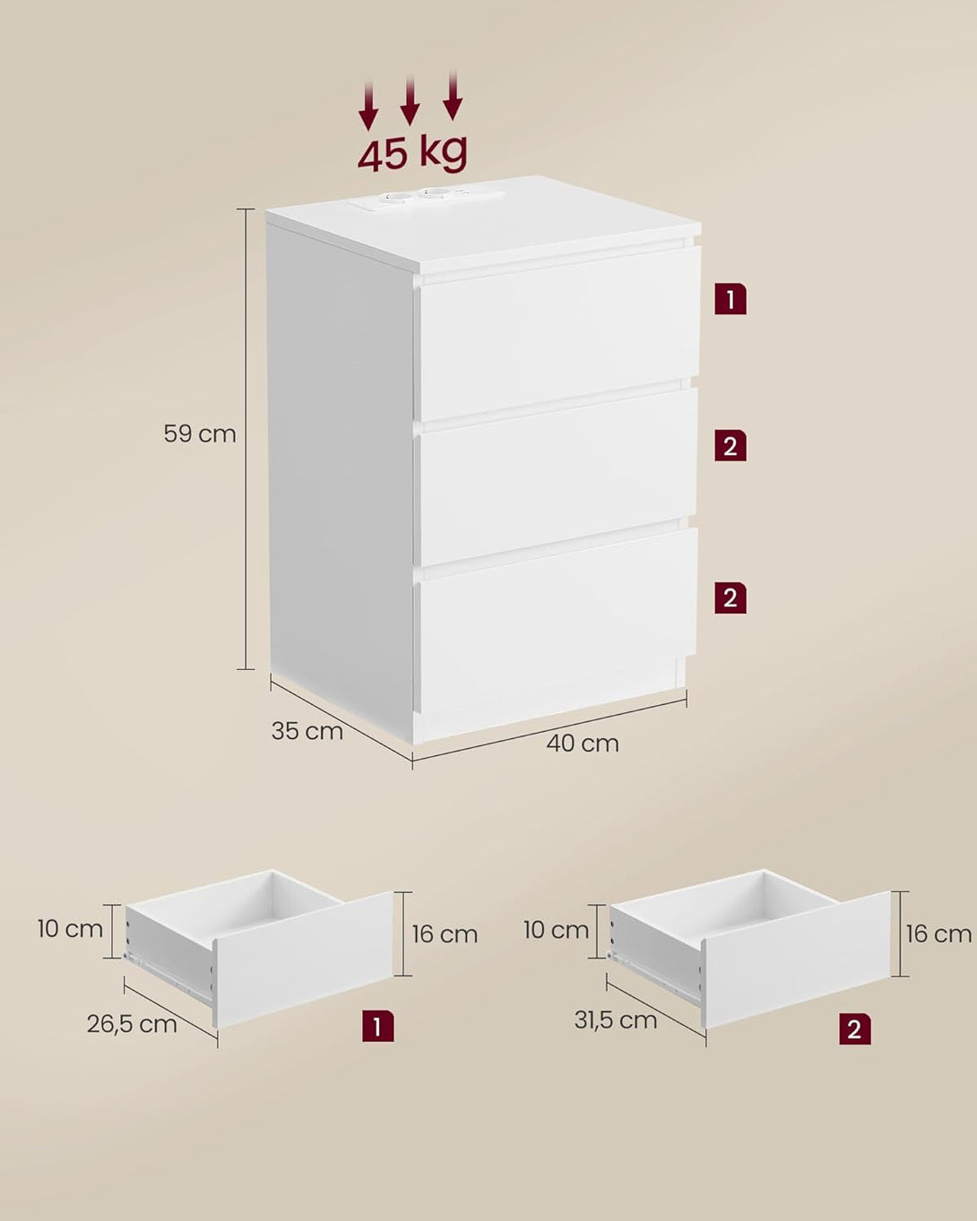 Nočný stolík s napájacou lištou, príručný stolík s 3 zásuvkami, 2 AC výstupmi, 2 USB porty, biely-Vashome.sk
