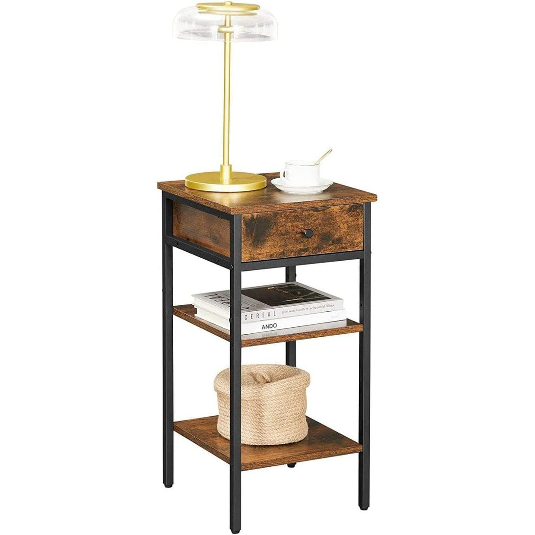 Nočný stolík, vysoký príručný stolík, s 1 zásuvkou a 2 policami, rustikálny hnedý | VASAGLE-Vashome.sk