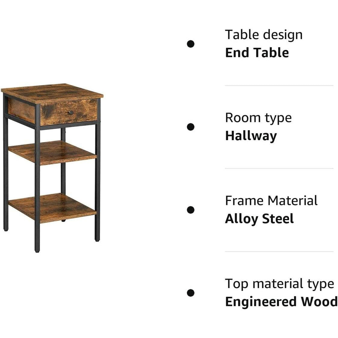 Nočný stolík, vysoký príručný stolík, s 1 zásuvkou a 2 policami, rustikálny hnedý | VASAGLE-Vashome.sk