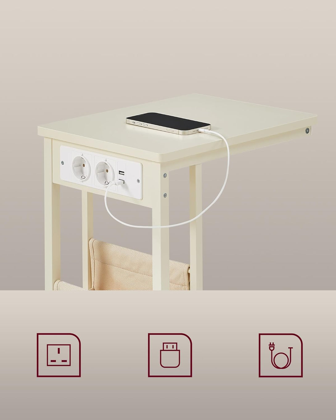 Odkládací stolek, noční stolek se zásuvkami, tvar C, 2 USB porty, 2 AC zásuvky, krémová-Vashome.sk
