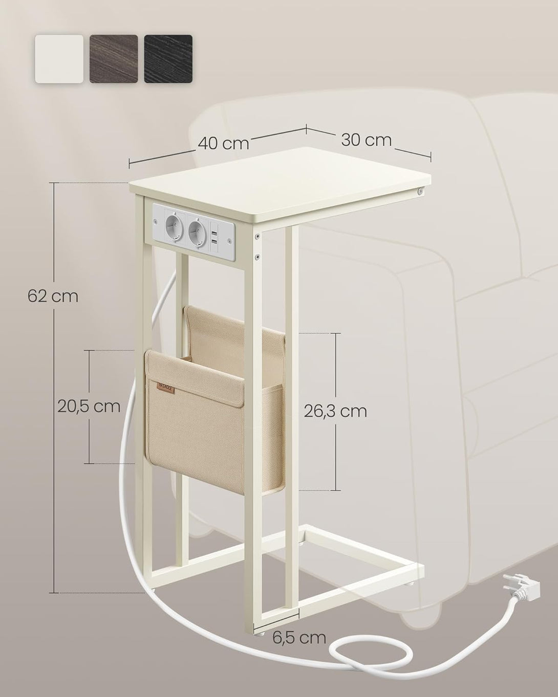 Odkládací stolek, noční stolek se zásuvkami, tvar C, 2 USB porty, 2 AC zásuvky, krémová-Vashome.sk