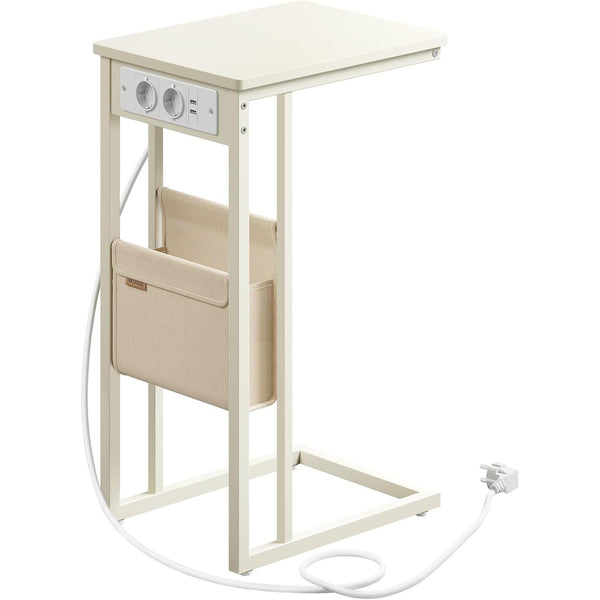 Odkládací stolek, noční stolek se zásuvkami, tvar C, 2 USB porty, 2 AC zásuvky, krémová-Vashome.sk