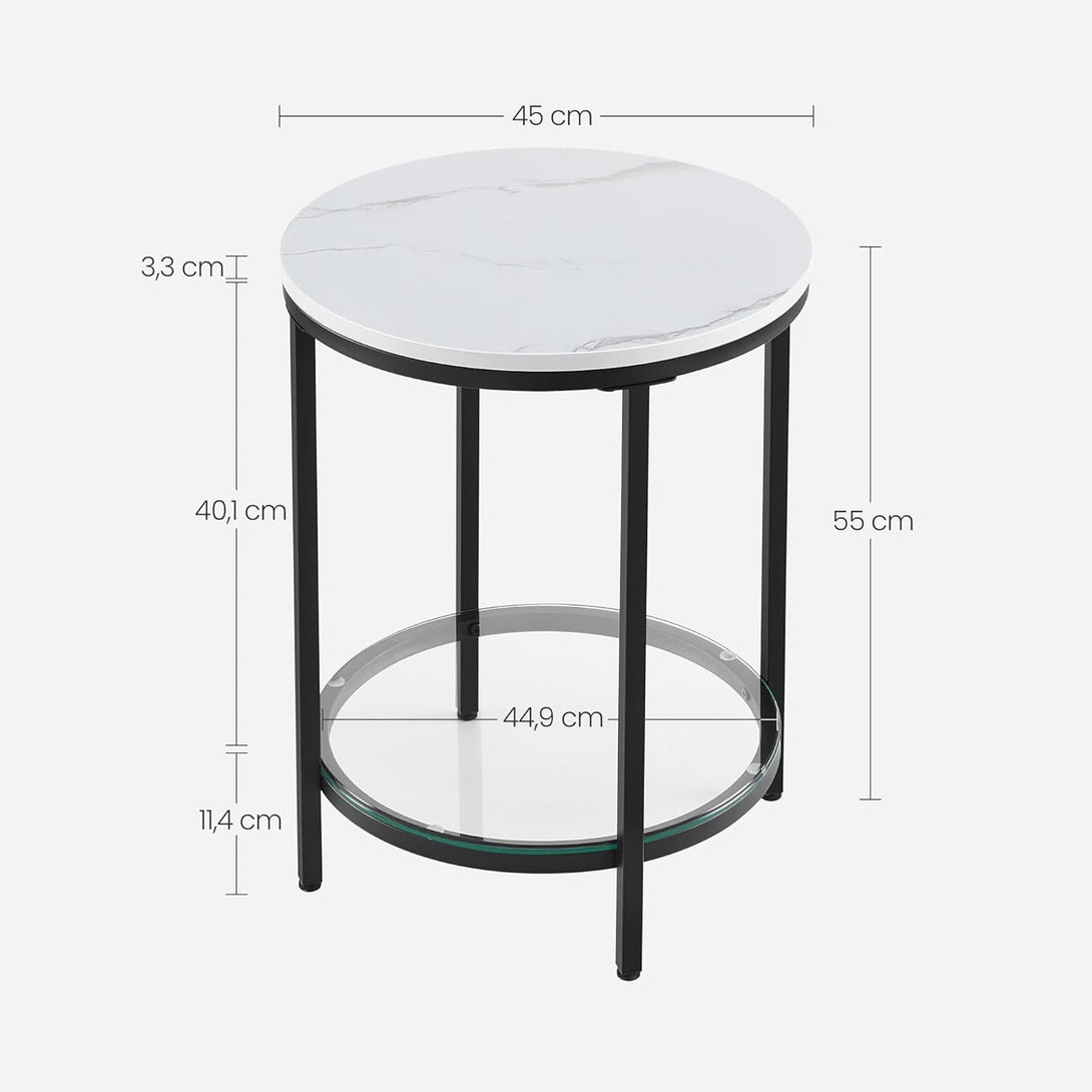 Okrúhly príručný stolík, 2-úrovňový, so sklenenou poličkou, mramorový efekt | VASAGLE-Vashome.sk