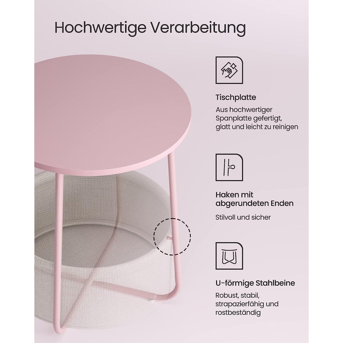 Okrúhly príručný stolík s látkovým košíkom, pastelovo ružový | VASAGLE-Vashome.sk