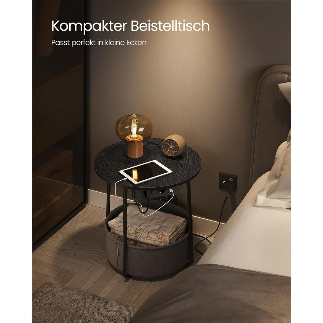 Okrúhly príručný stolík s nabíjacou stanicou, malý stolík so zásuvkou, čierna a sivá farba-Vashome.sk