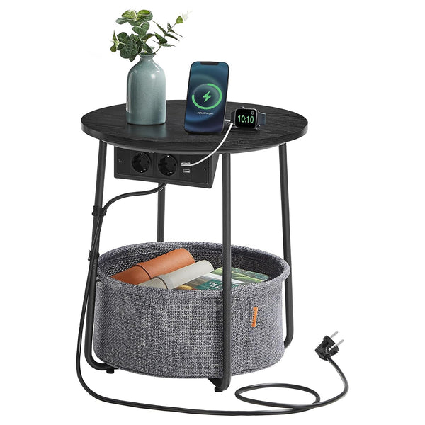 Okrúhly príručný stolík s nabíjacou stanicou, malý stolík so zásuvkou, čierna a sivá farba-Vashome.sk