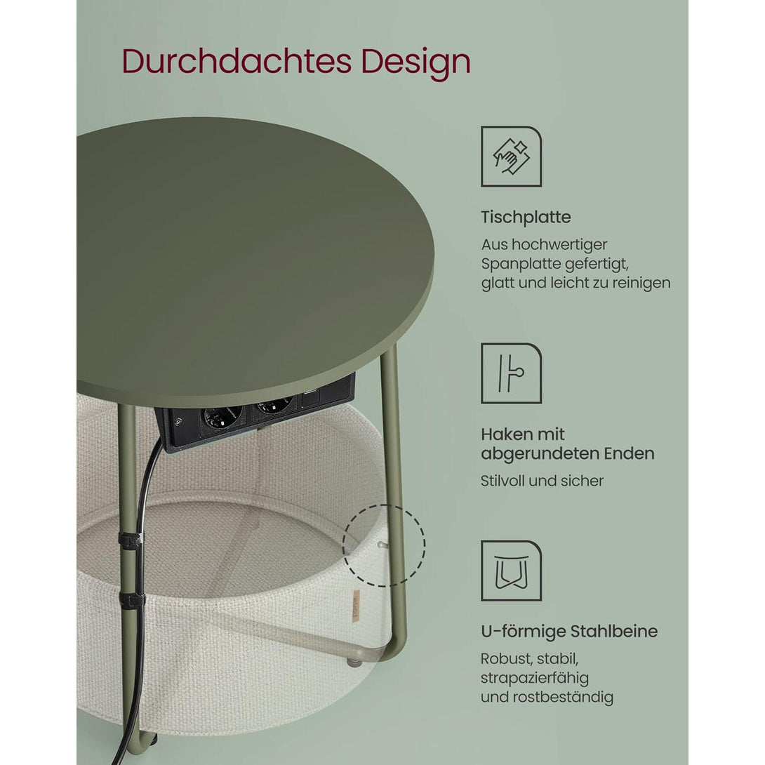 Okrúhly príručný stolík s nabíjacou stanicou, malý stolík so zásuvkou, lesná zelená a krémová biela-Vashome.sk