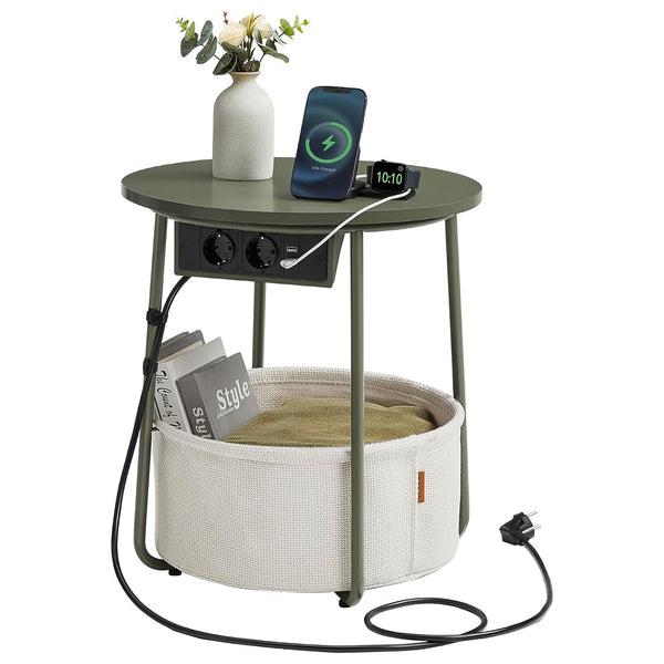 Okrúhly príručný stolík s nabíjacou stanicou, malý stolík so zásuvkou, lesná zelená a krémová biela-Vashome.sk