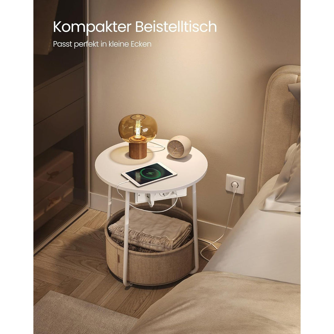 Okrúhly príručný stolík s nabíjacou stanicou, malý stolík so zásuvkou, matná biela a béžová farba-Vashome.sk