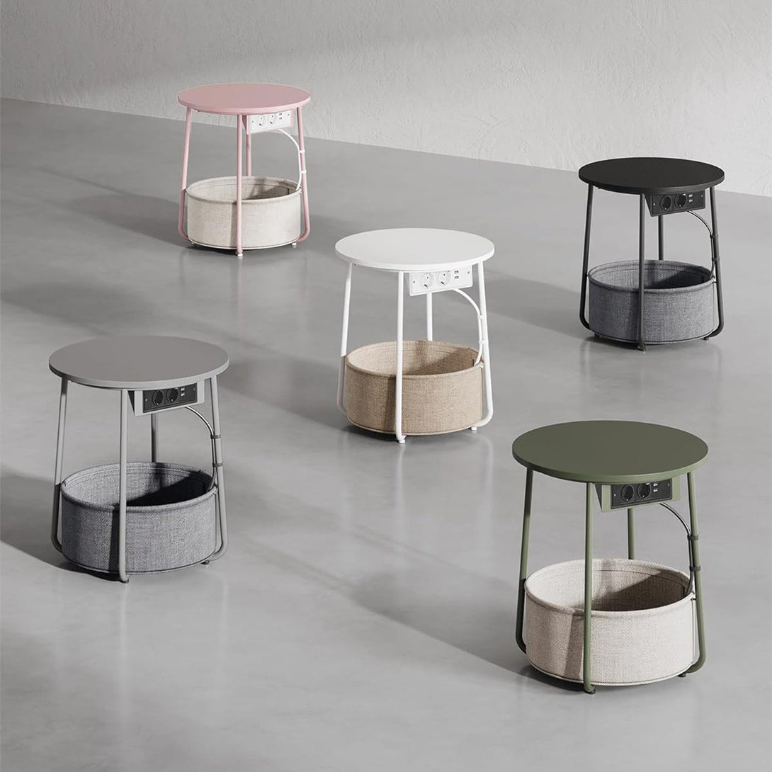 Okrúhly príručný stolík s nabíjacou stanicou, malý stolík so zásuvkou, matná biela a béžová farba-Vashome.sk
