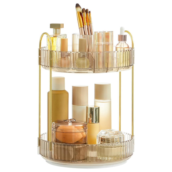 Organizér na make-up otočný, 2-vrstvový okrúhly organizér na kozmetiku, šampanská zlatá farba-Vashome.sk