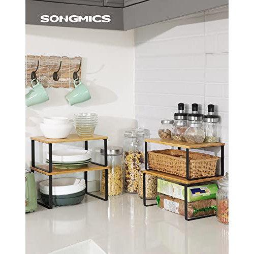 Kitchen Cupboard Organisers, Set of 4 Counter Storage Shelves, Stackable, Expandable Spice Racks, Metal and Bamboo, Black and Natural KCS10NB-Vashome.sk