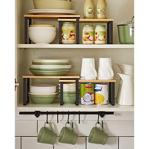 Kitchen Cupboard Organisers, Set of 4 Counter Storage Shelves, Stackable, Expandable Spice Racks, Metal and Bamboo, Black and Natural KCS10NB-Vashome.sk