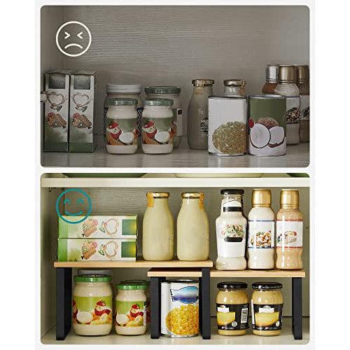 Kitchen Cupboard Organisers, Set of 4 Counter Storage Shelves, Stackable, Expandable Spice Racks, Metal and Bamboo, Black and Natural KCS10NB-Vashome.sk