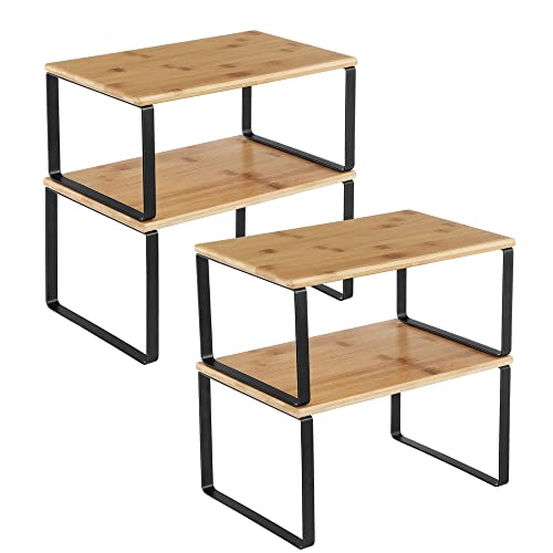 Kitchen Cupboard Organisers, Set of 4 Counter Storage Shelves, Stackable, Expandable Spice Racks, Metal and Bamboo, Black and Natural KCS10NB-Vashome.sk
