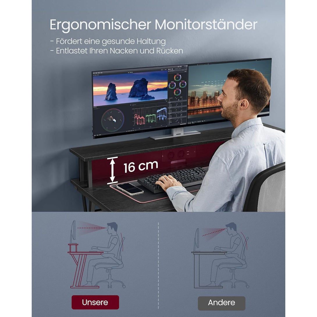 Písací stôl, herný stôl so stojanom na monitor pre 2 monitory, čierny-Vashome.sk
