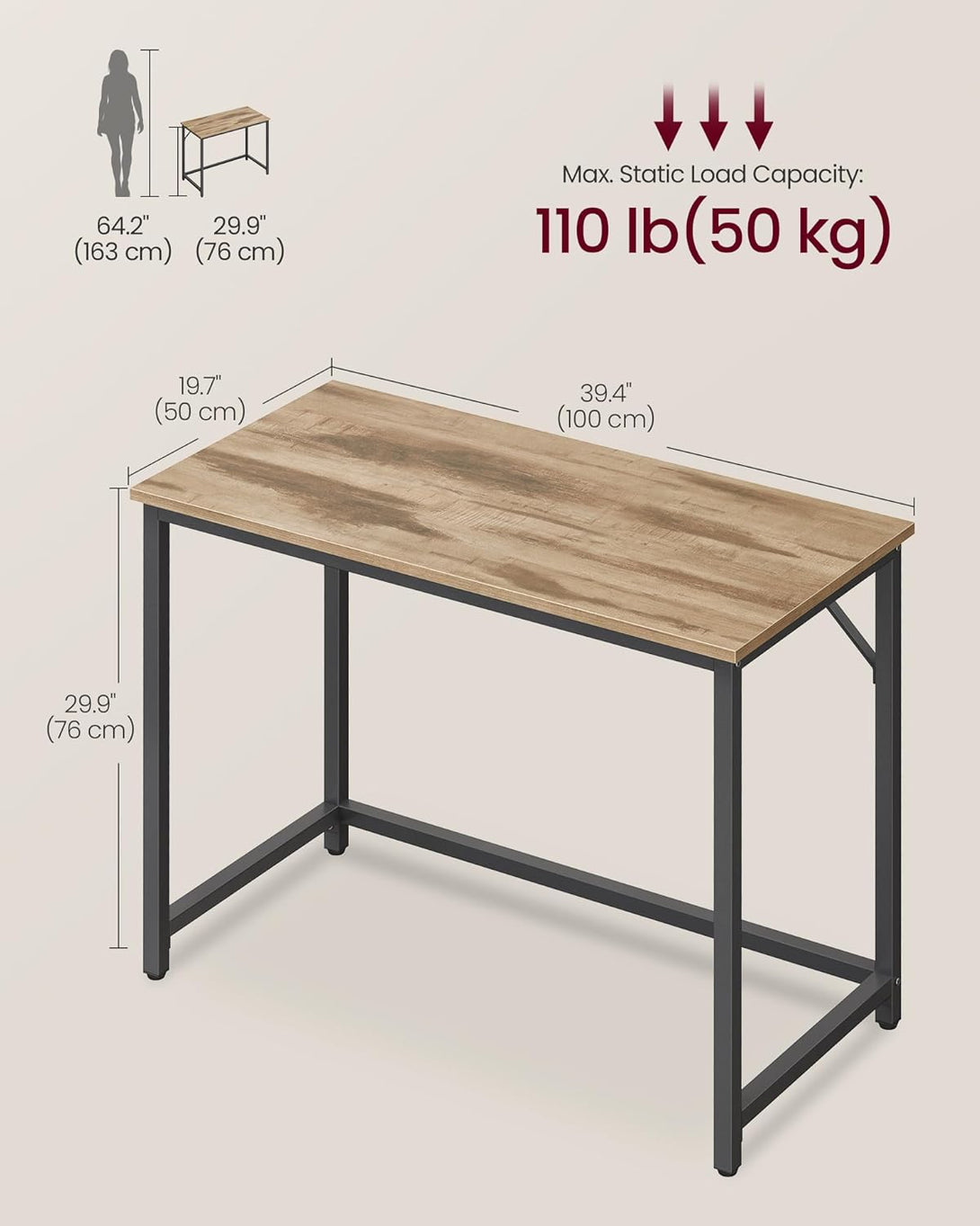 Písací stôl Kancelársky stôl 100 x 50 x 76 cm, ťavia hnedá, čierna farba-Vashome.sk