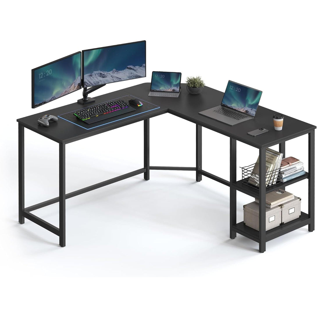 Písací stôl, rohový stôl v tvare L s 2 odkladacími policami, čierny | VASAGLE-Vashome.sk