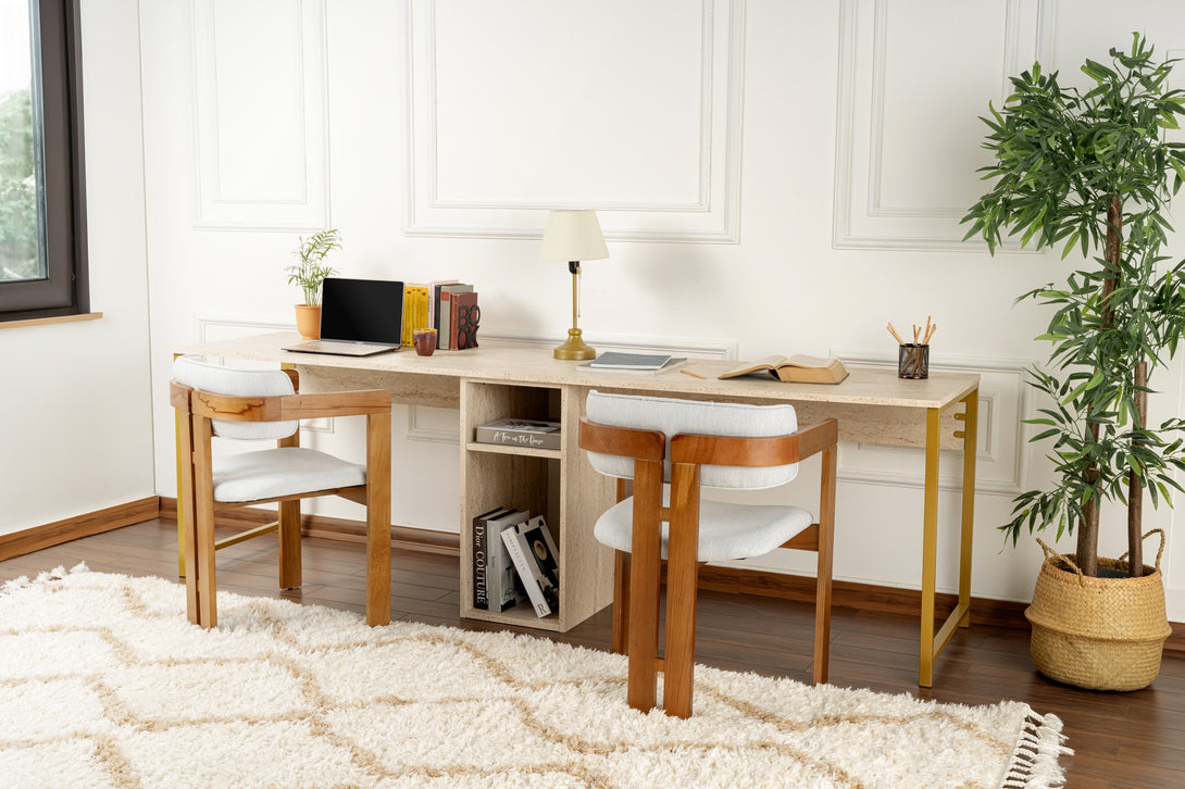 Íróasztal Twin Study Desk - Travertine, Gold-Vashome.sk