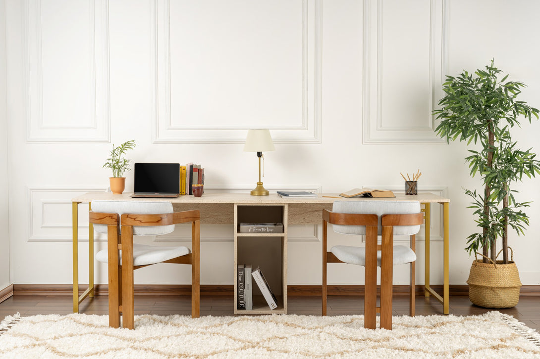 Íróasztal Twin Study Desk - Travertine, Gold-Vashome.sk