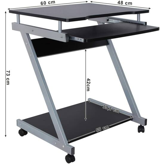 Písací stôl v tvare Z, mobilný PC stôl, 60 x 48 x 73 cm, čierny-Vashome.sk