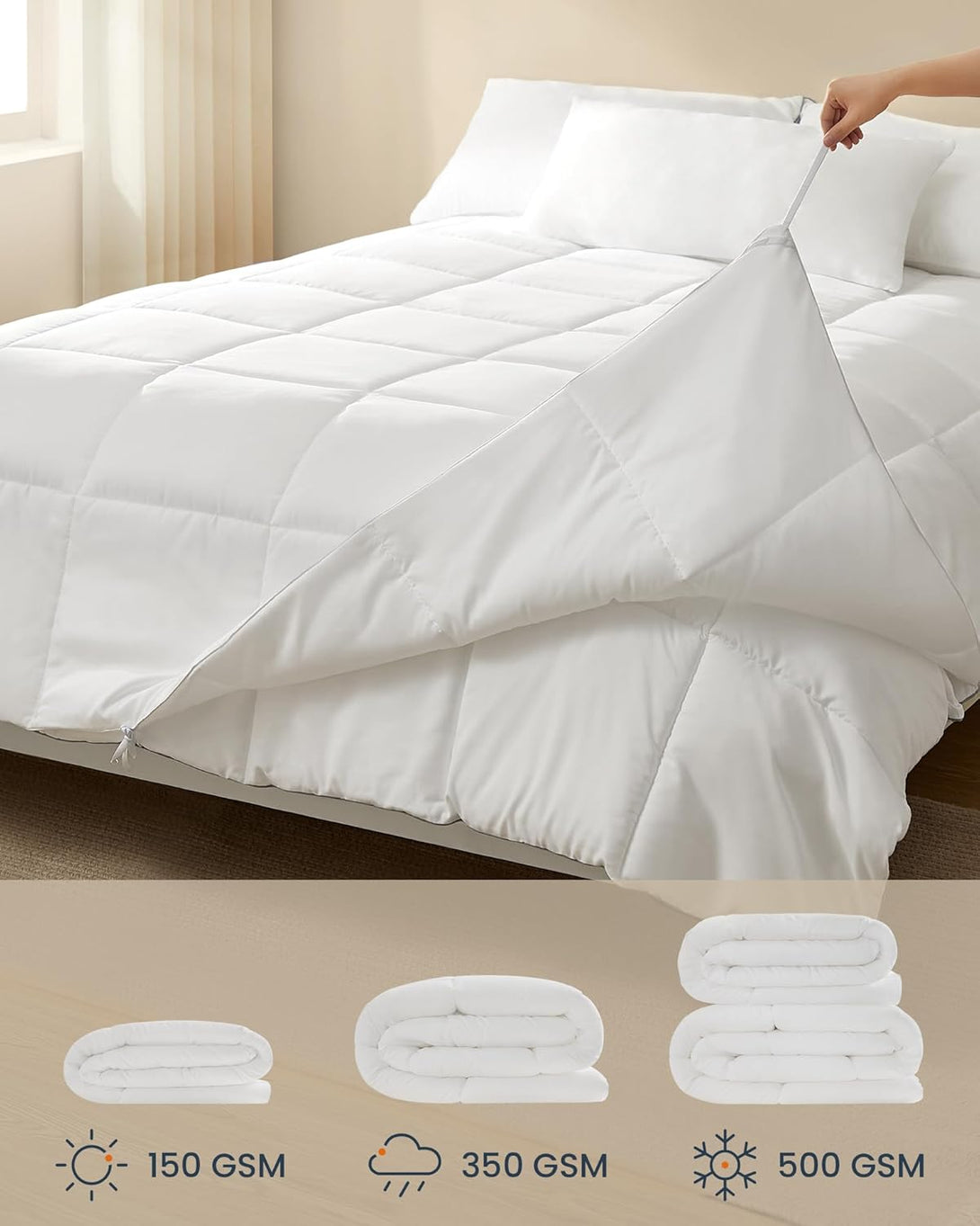 Prikrývka 2 v 1, 220 x 240 cm, letná prikrývka 150 GSM a zimná prikrývka 350 GSM, biela-Vashome.sk