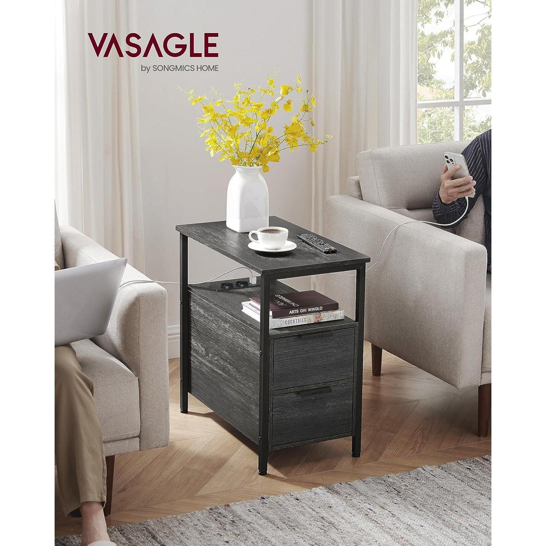 Príručný stolík, nočný stolík s káblom, 2 zásuvky, antracitovo sivý | VASAGLE-Vashome.sk