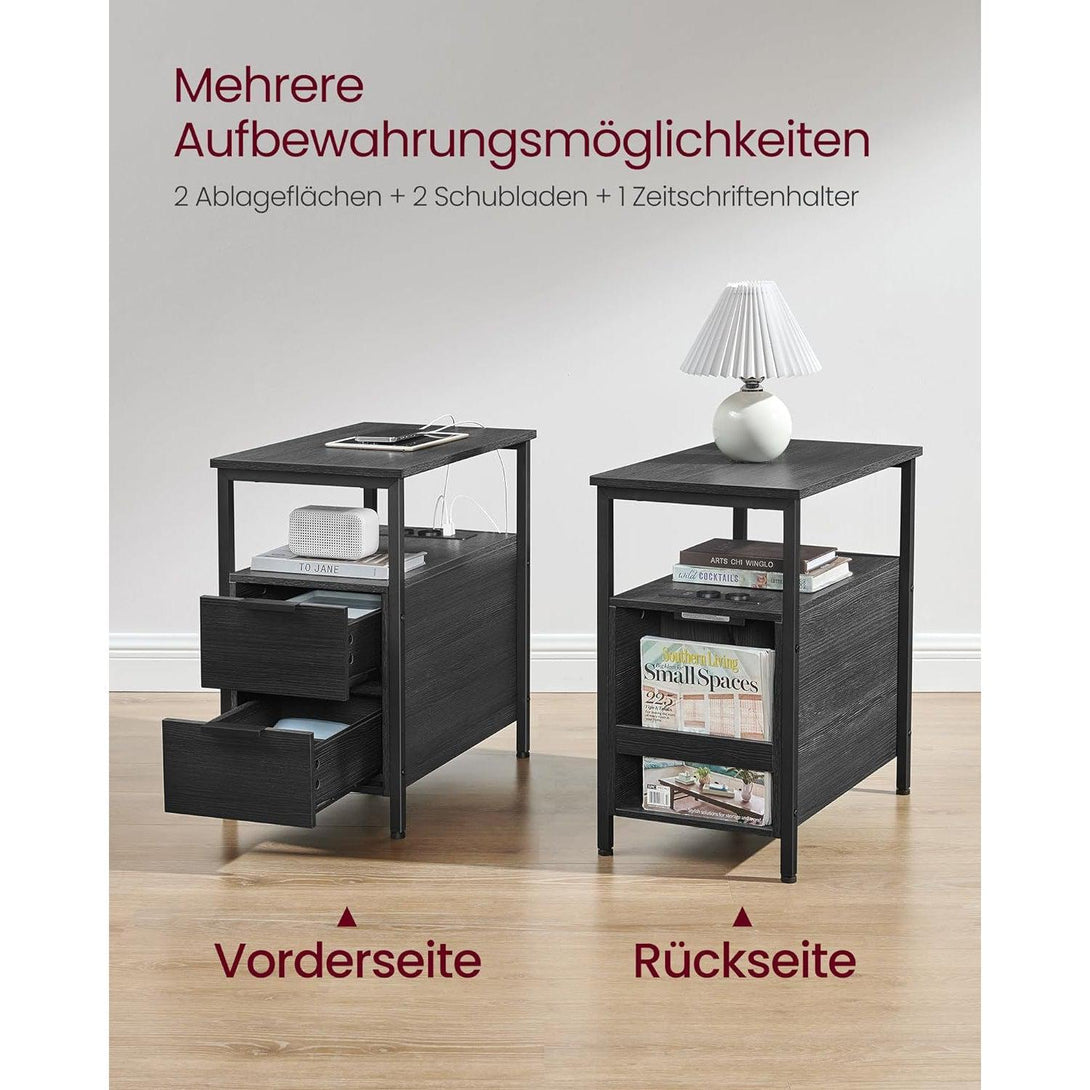 Príručný stolík, nočný stolík s káblom, 2 zásuvky, antracitovo sivý | VASAGLE-Vashome.sk