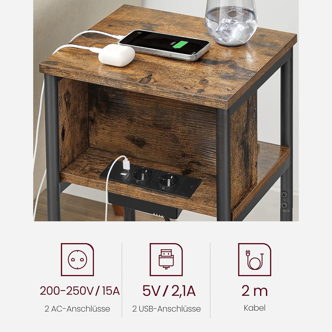 Príručný stolík, nočný stolík s napájacou lištou 2 AC porty 2 USB porty, vintage hnedý-Vashome.sk