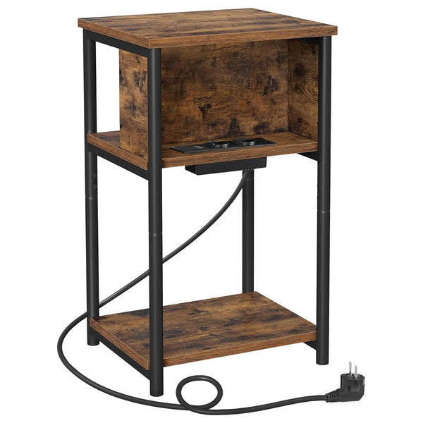 Príručný stolík, nočný stolík s napájacou lištou 2 AC porty 2 USB porty, vintage hnedý-Vashome.sk