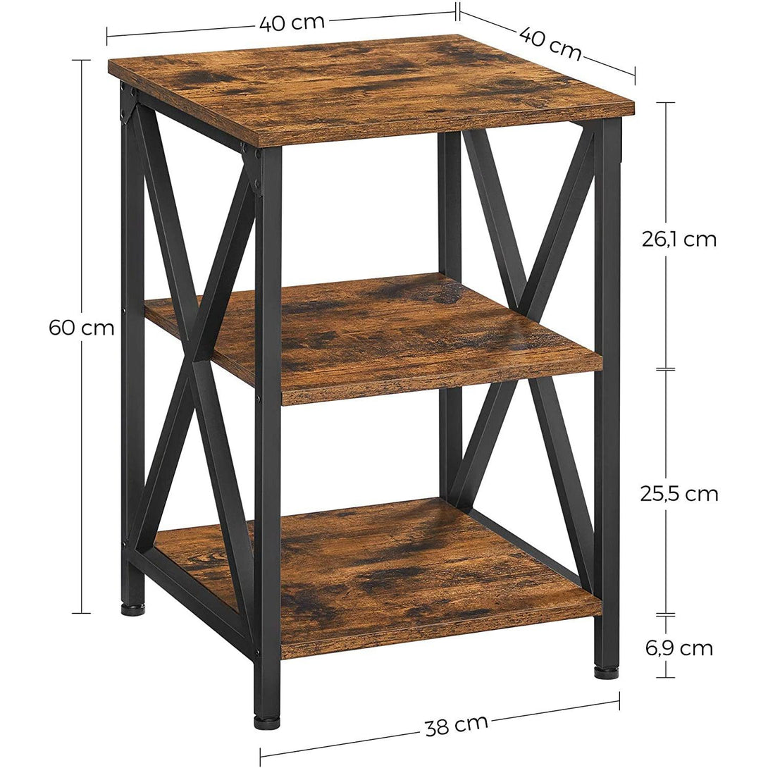 Nočný stolík s oceľovým rámom a 2 policami, rustikálny hnedý, čierny-Vashome.sk