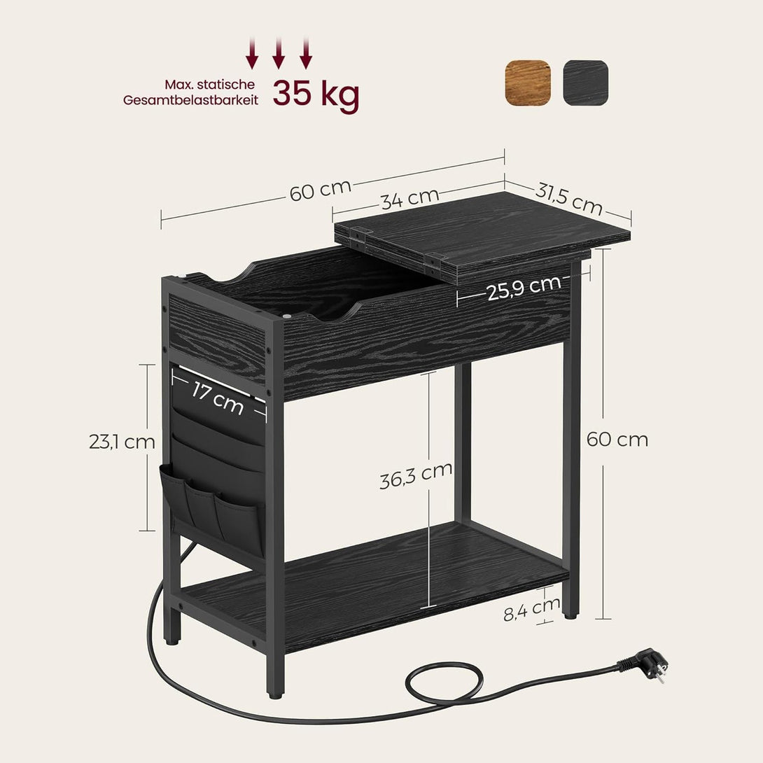 Príručný stolík, Nočný stolík so zásuvkou a USB portami, čierny | VASAGLE-Vashome.sk