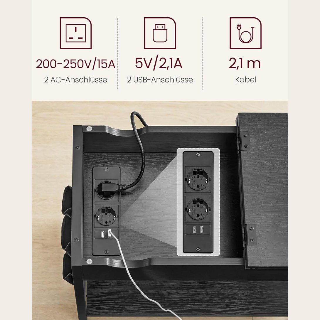 Príručný stolík, Nočný stolík so zásuvkou a USB portami, čierny | VASAGLE-Vashome.sk