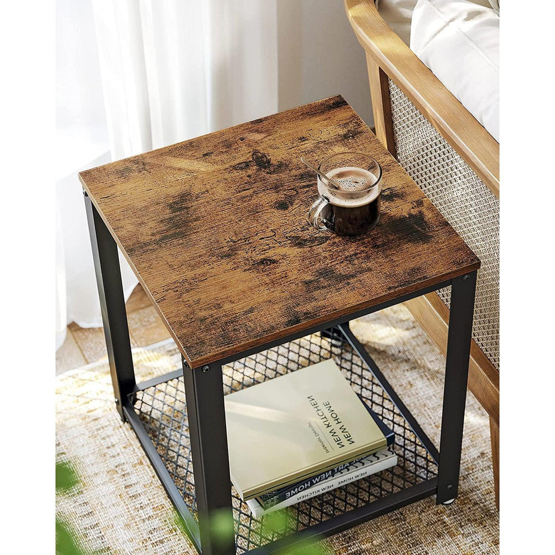 Malý príručný stolík s mriežkovanou policou 45x45x55 cm, vintage hnedý, čierny-Vashome.sk
