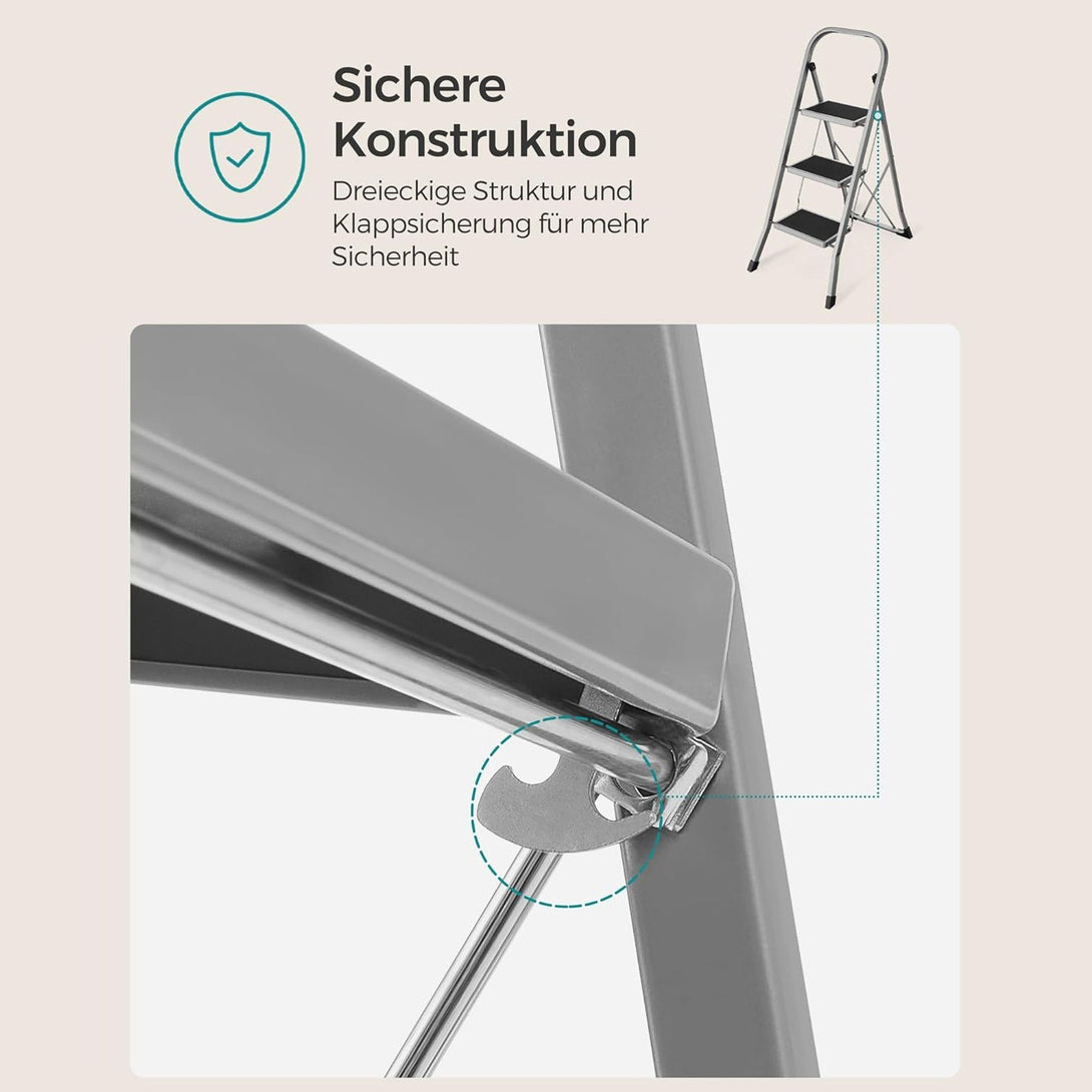 Rebrík, 3-stupňový skladací rebrík, oceľový, nosnosť 150 kg, sivý | SONGMICS-Vashome.sk