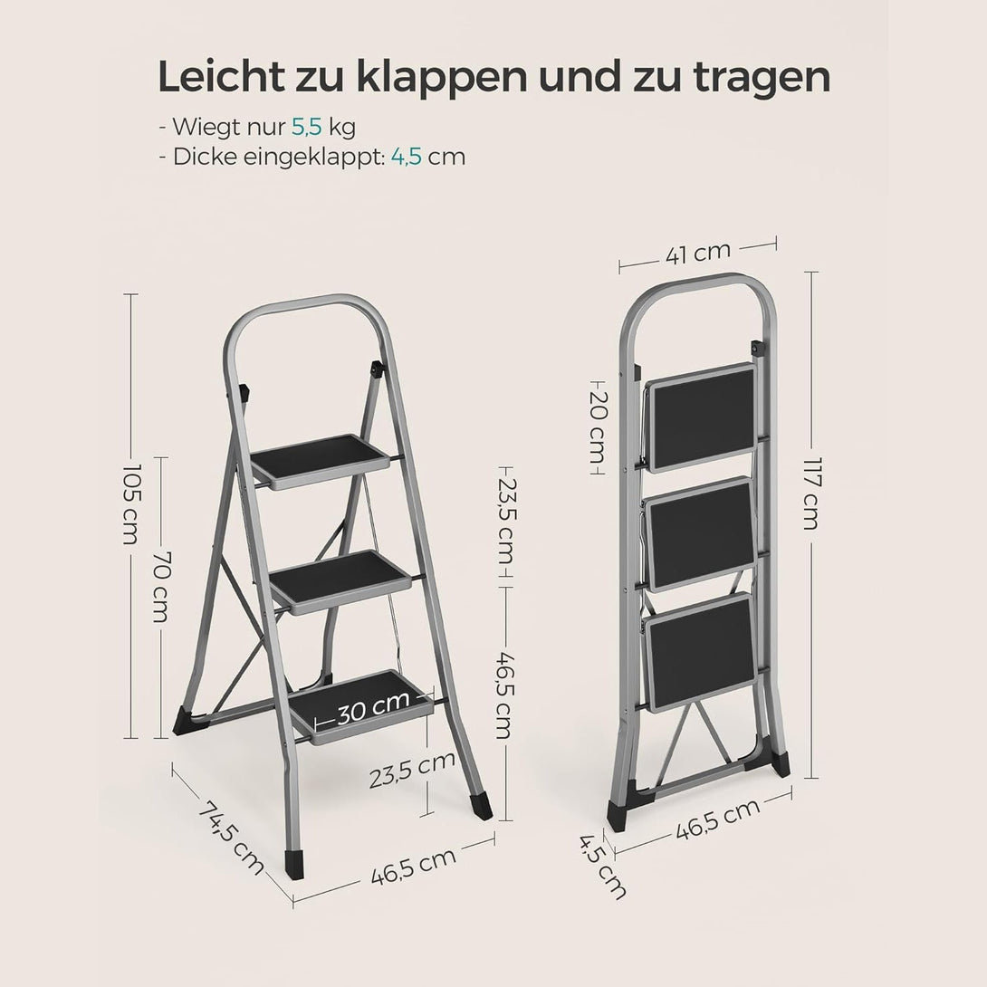 Rebrík, 3-stupňový skladací rebrík, oceľový, nosnosť 150 kg, sivý | SONGMICS-Vashome.sk