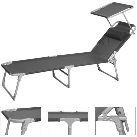 Skladacie lehátko so strieškou, 53 x 193 x 29,5 cm, nosnosť do 150 kg, tmavošedé-Vashome.sk