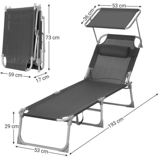 Skladacie lehátko so strieškou, 53 x 193 x 29,5 cm, nosnosť do 150 kg, tmavošedé-Vashome.sk