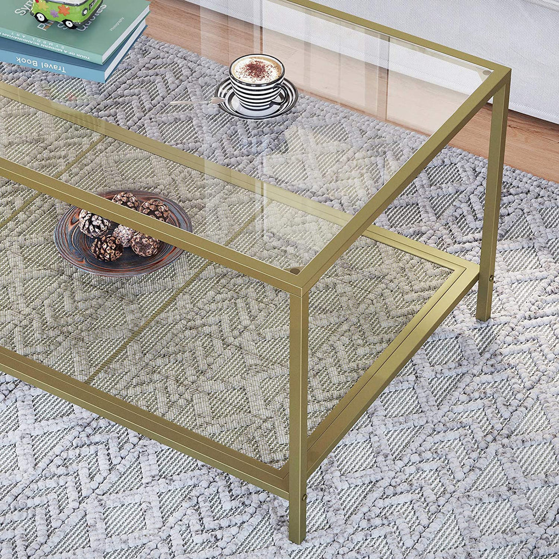 VASAGLE Sklenený konferenčný stolík, 106 x 45 x 55 cm, zlatý-Vashome.sk