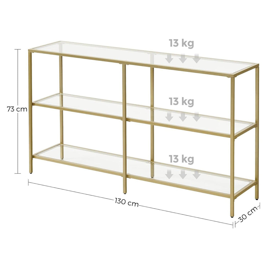 Sklenený konzolový stolík s 3 policami, kovový rám, zlatá farba | VASAGLE-Vashome.sk