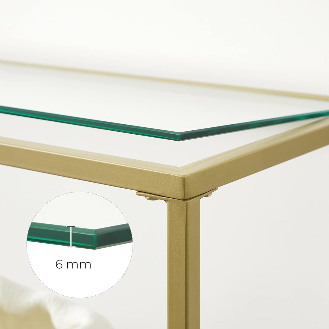 Sklenený konzolový stolík s 3 policami, kovový rám, zlatá farba | VASAGLE-Vashome.sk