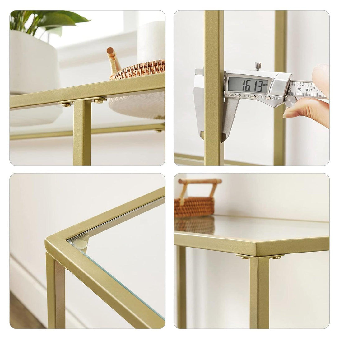 Sklenený konzolový stolík s 3 policami, kovový rám, zlatá farba | VASAGLE-Vashome.sk